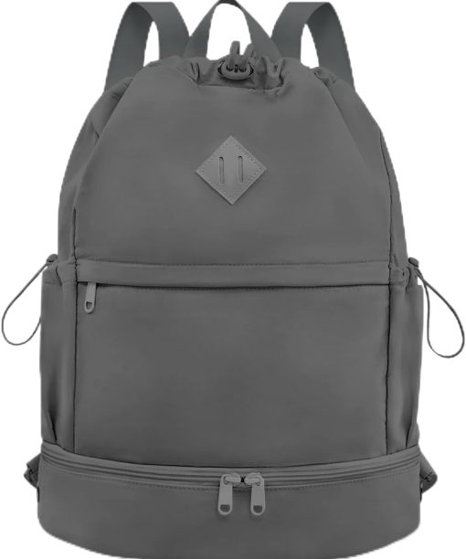 Drawstring Backpack Sports Gym Bag with Shoe Compartment and Wet Pocket String Swim Bag for Women Men Beach Backpack, Dark Gray