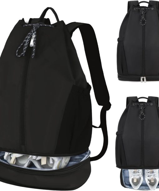 Gym Drawstring Backpack with Shoe Compartment – Waterproof Sports Bag, Lightweight & Breathable for Gym, Travel, Yoga | Large Capacity, Foldable Design Black