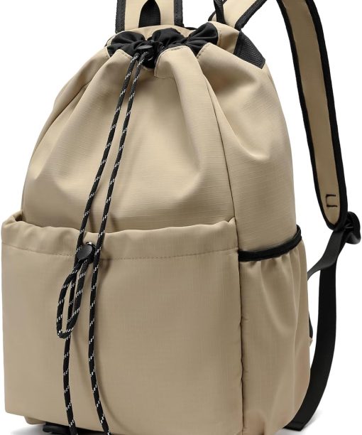 Casual Drawstring Backpack, 22L String Bag Gym Backpacks for Men Women, Water-Resistant Sports Bag Workout Backpack for Beach Swim Hiking Basketball Outdoor Activities Carry Everywhere, Khaki