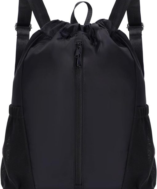 Drawstring Backpack Sports Gym Bag with Shoes Compartment, String Backpack Cinch for Women Men, Water-Resistant Drawstring Bag for Workout Travel, Lightweight, Black,