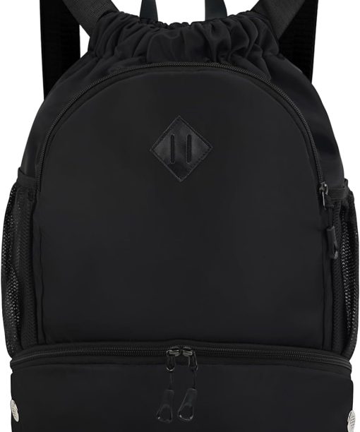 Drawstring Backpack Gym Backpack with Shoe Compartment for Men Women String Sports Bag with Wet Pocket Cinch Swim Beach Bag, Black
