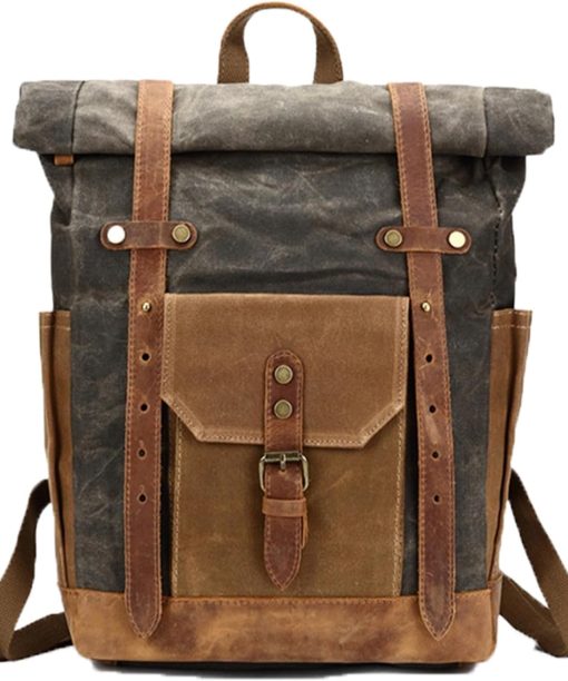 Waxed Canvas PU Leather Hiking Travel Waterproof Backpack for College Weekend Travel Fit 15 Inch Laptops (Army Green)