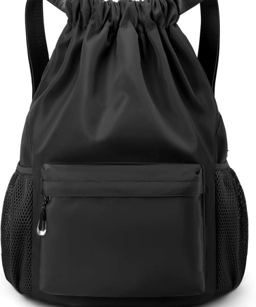 Black Drawstring Backpack for Women, Waterproof Drawstring Gym Bag for Men, Small Cinch Sack for Basketball, Pull String Sport Bag for Soccer.