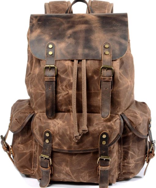 PU Leather Backpack for Men, Waxed Canvas Shoulder Rucksack Carry-On Travel Backpack