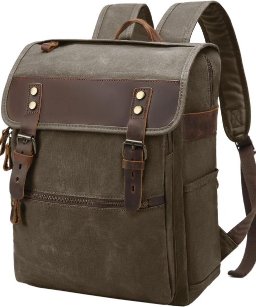 Waxed Canvas Vintage Backpack Casual PU Leather Laptop Travel Rucksack for Men Women