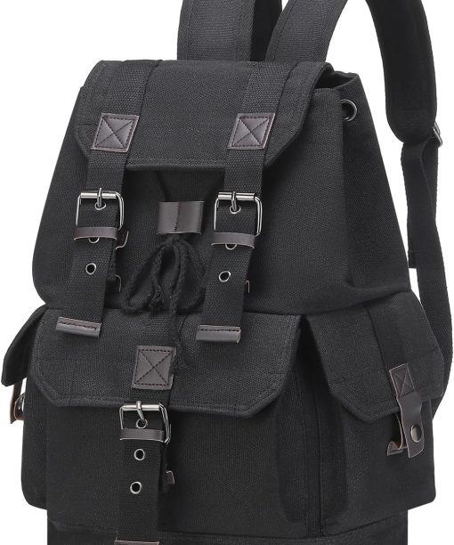 Vintage Canvas Backpack for Men Women, Durable Casual Daypack, Large Capacity Travel Rucksack Fits for Hiking and Daily Use (Black)