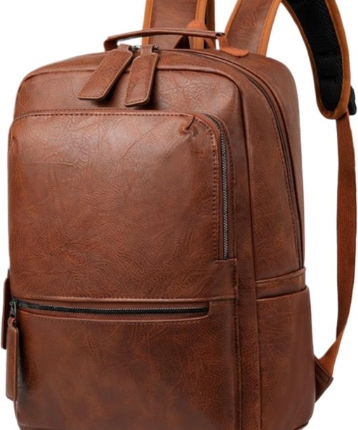 Unisex PU Leather Laptop Bag Work Business Bag Hiking Backpack Leisure Day Bag University School Bag (Large, Brown 2)