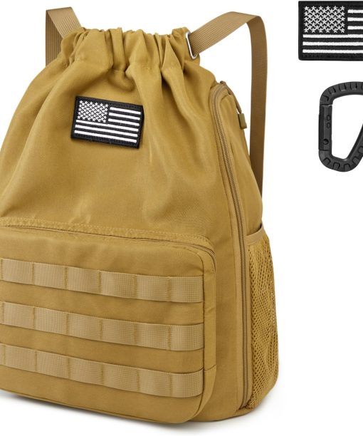 Drawstring Backpack Gym Backpack Soccer Basketball Bag with Shoes Compartment Tactical Water-Resistant String Sports Bag for Men Women(Tan)
