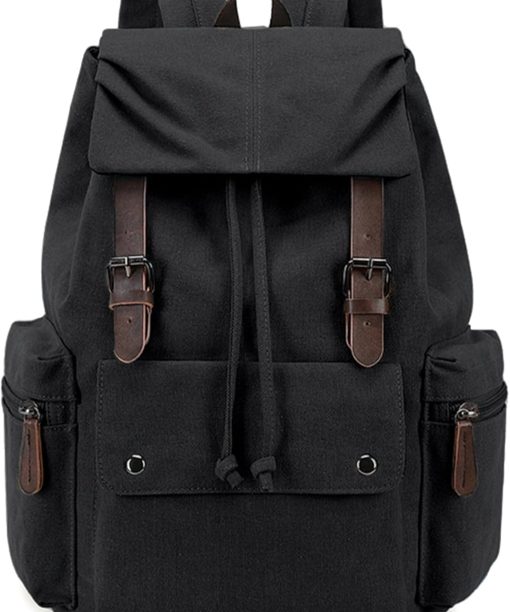 Retro Canvas & PU Leather Laptop Backpack, 15.6 Inch Durable Unisex Bag for Hiking, Work & Travel, Water Resistant Daypack