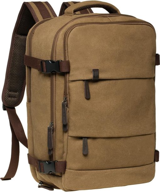 Canvas Travel Rucksack, Large Capacity Carry On Bag with Shoe Pouch and 15.6 inch Laptop Compartment, Flight Approved Outdoor 40L Luggage Weekender Bag, 12-Khaki