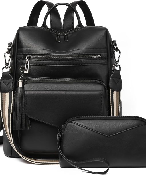 Backpack Purse for Women Fashion PU Leather Designer Travel Backpack Purses Convertible Shoulder Bag with Wristlet (Shiny Black)