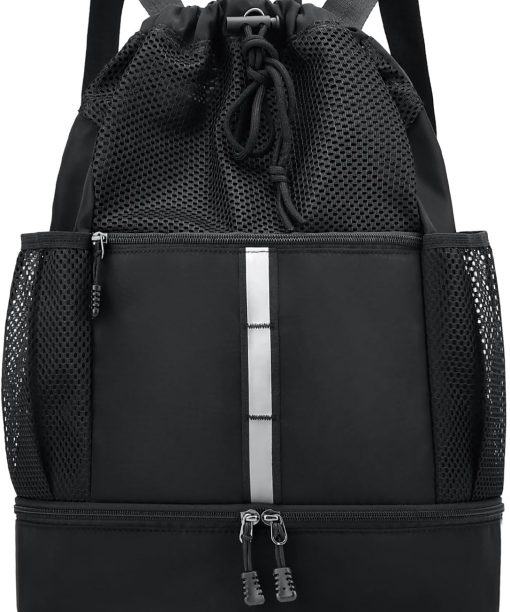 Drawstring Gym Bag for Men/Women - Mesh Beach Swim Bags Sports Backpack with Wet Pocket&Shoe Compartment, Lightweight