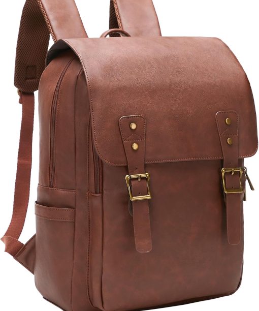 PU Leather Backpack for Men Women, 15.6 Inch Laptop Backpack Waterproof Vintage Backpack for Commute Work Travel College Bookbag, Dark Brown