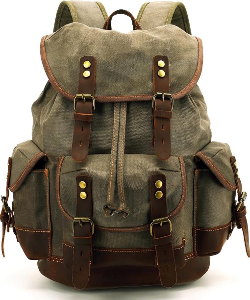 Vintage Canvas PU Leather Backpack: Spacious Durable Rucksack for Men & Women, Perfect for Travel and College Life - M86 Army Green Coffee