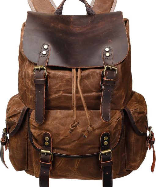 Vintage Waxed Canvas Backpack with PU Leather Flap, Travel & Work Rucksack, Water-Resistant Daypack with Anti-Theft Pocket, Oversize - M80 Brown XL