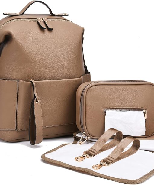 Diaper Bag Backpack PU Leather Backpack for Women Travel Dad Mother Outdoor Backpack with Changing Pad Stroller Straps (2 Pieces) Khaki