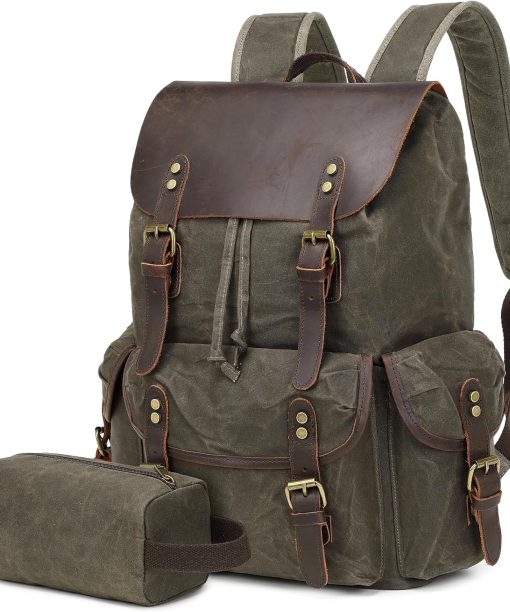 Vintage PU Leather Canvas Backpack, Waxed Canvas Shoulder Rucksack with Toiletry Shoulder Rucksack for Traveling, Camping, Hiking, Business College Fits 17 Inch Laptop, Green