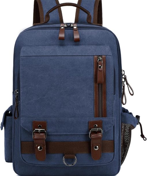 Water-Resistant Canvas Backpack with Anti-Theft Pocket, Daypacks Fits 15.6 Inch Laptop for Men Perfect for Work, Travel, Daily Use (Dark Blue)