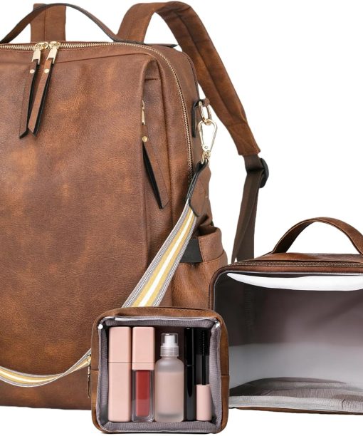 Laptop Backpack for Women, PU Leather Travel Backpack with 15.6 Inch Laptop Compartment, College Work Computer Bag (Caramel-3P)