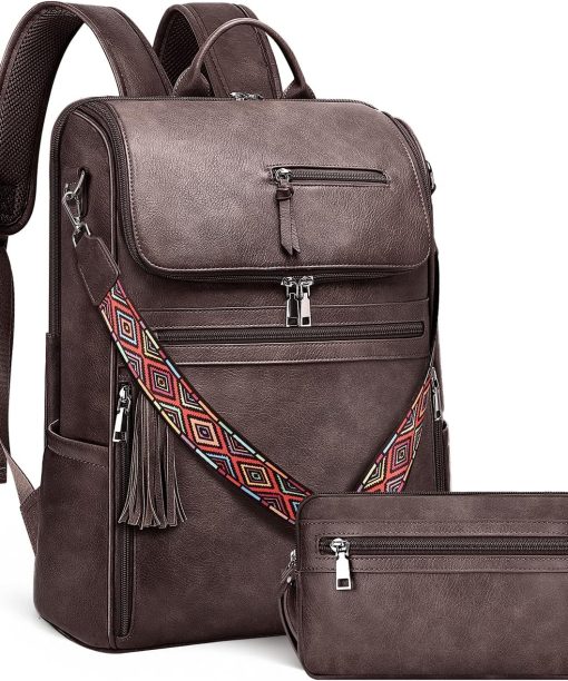 PU Leather Laptop Backpack for Women Designer Laptop Bag, 16.5 Inch Travel Computer Backpacks Purse with Tassel for Work Business with Satchel Purse Dark Coffee