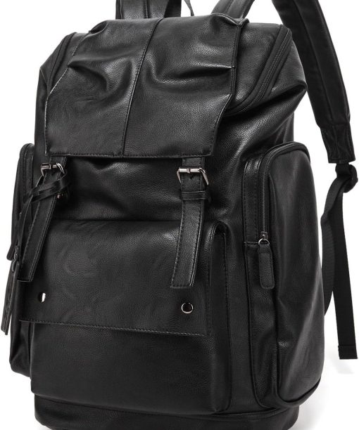 PU Leather Casual Backpack 15.6 Inch Laptop Backpack Travel Backpack Hiking Camping Backpack Daypack Black