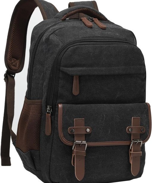 Canvas Laptop Backpack with USB Charging Port, Vintage Daypack for Men Women, Black Travel Work Rucksack  Computer Bag Bookbag Fits 15.6 Inch Lapop, Black