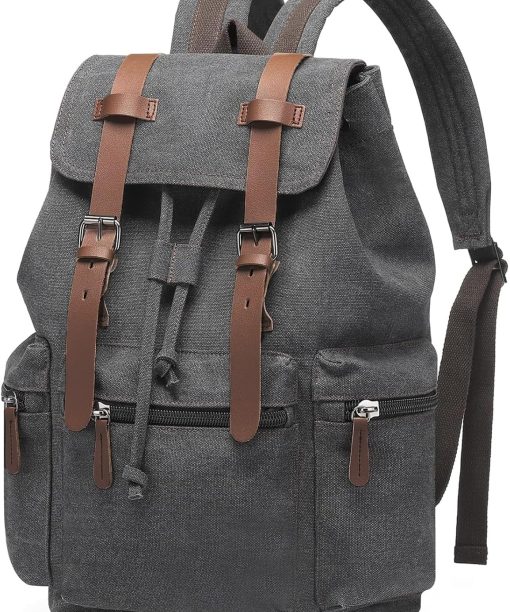 Canvas Backpack for Men, Vintage Laptop Daypack Travel Rucksack Work College Computer Bag Bookbag Fits 15.6 Inch Laptop, Black