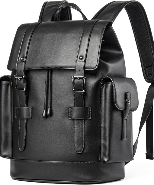 PU Leather Backpack Waterproof Fit 15.6 Inch Laptop Vintage Drawstring Design Large Capacity Travel Sports Outdoor Casual Black Men Women College Backpack