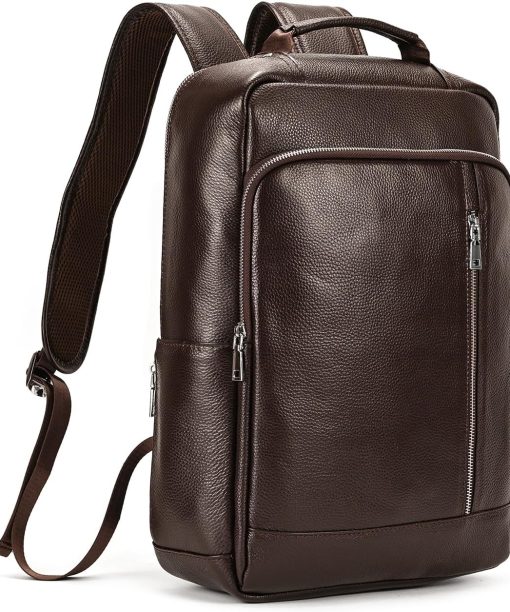 PU Leather 15.6 Inch Laptop Backpack for Men, Multi Pocket Slim Daypack Shoulder Bag with Trolley Sleeve for Business Travel (Brown)