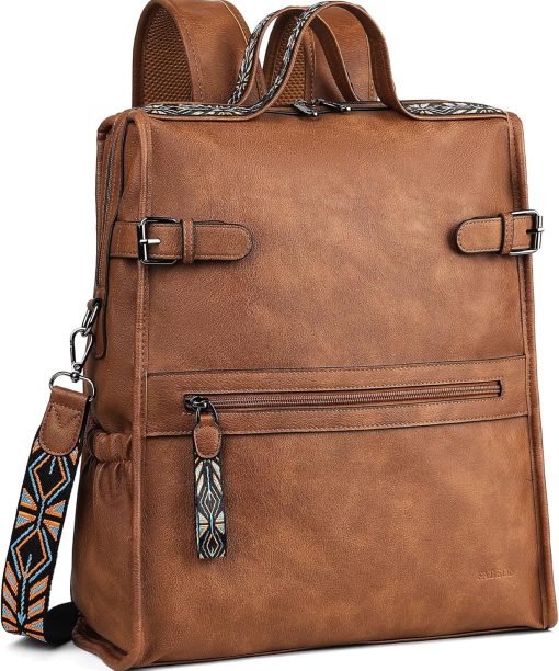 PU Leather Laptop Backpack for Women, Designer Ladies Work Travel Computer Backpack with Laptop Compartment Purse Brown